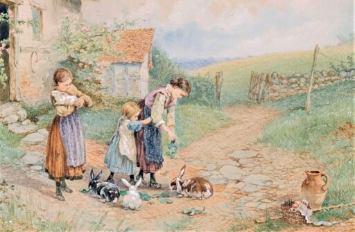 Mädchen beim Füttern von Kaninchen. Zeichnung von Myles Birket Foster